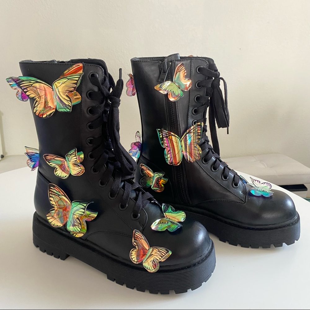 Dollskill club exx sz 10 NEVER WORN black and iridescent butterfly combat boots